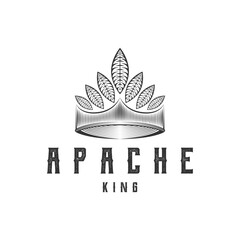 american indian, native chief, crown with feather, vintage line art logo design vector