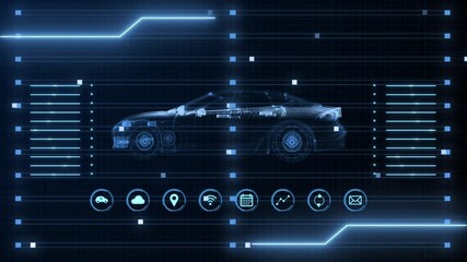 4K Sci fi Blue hologram holographic technology Animation. HUD driving vehicle car scanning user interface screen display Background. electric car. Environment friendly innovative automobile industry. - Powered by Adobe