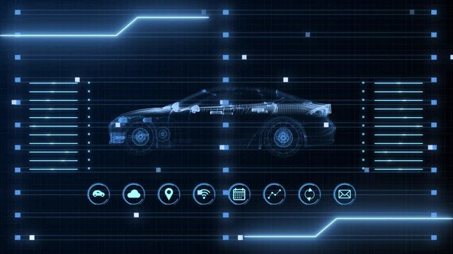 4K Sci fi Blue hologram holographic technology Animation. HUD driving vehicle car scanning user interface screen display Background. electric car. Environment friendly innovative automobile industry. - Powered by Adobe