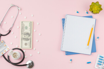 Stethoscope with pills on the nurse table.