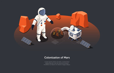 Vector Illustration In Cartoon 3D Style. Isometric Composition On Mars Colonization Concept. Dark Background, Character, Text. Cosmic Futuristic Ideas, Technological Innovations And Space Expeditions.