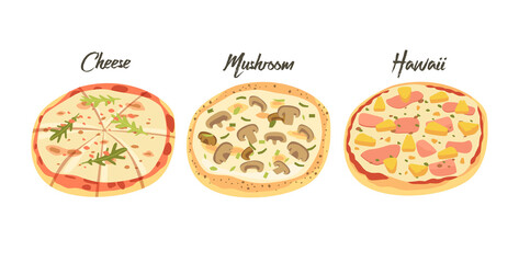 Cheese, Mushroom and Hawaii Pizza, Fast Food Icons. Street Junk Meal, Takeaway Snack With Green, Vegetables