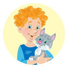 Avatar icon of a funny little boy with a grey kitten in her hands. In cartoon style. In the yellow circle. Isolated on white background. Vector flat illustration.