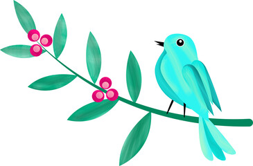 blue bird sitting on a branch with green leaves and pink berries in flat style
