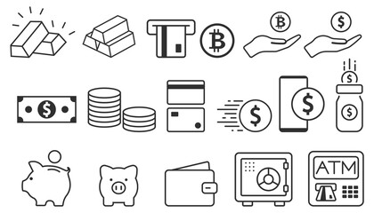 Money and payment line icons. Dollar and Cash icon set. Vector illustration.