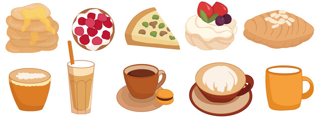 Illustration of bakery menu. Cups of coffee and desserts. Set of vector illustrations