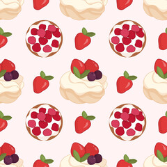 Sweet seamless pattern with pavlova meringue dessert and berry tartlet. Vector background