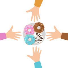 Four donuts on the plate. Human hands taking sweet tasty dessert. Flat cartoon style. Vector illustration isolated on white