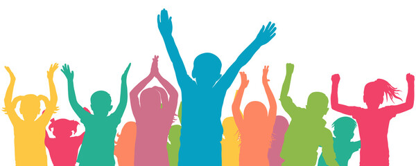 Color crowd of children. Cheerful and happy kids. Vector illustration