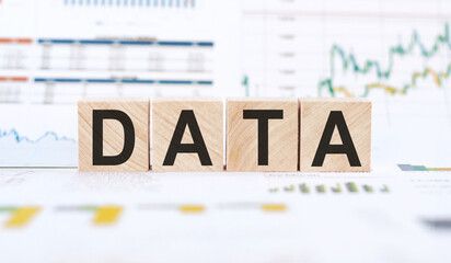 Data - word from wooden building blocks on a background of financial graphs and charts.