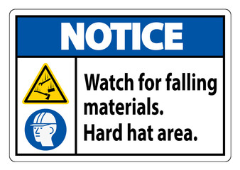 Notice Sign Watch For Falling Materials, Hard Hat Area