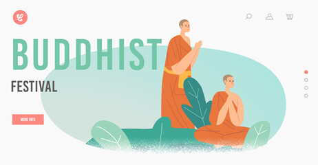 Buddhist Festival Landing Page Template. Buddhism Monks Wearing Orange Robes Praying or Meditating for Enlightenment
