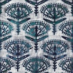 Seamless grungy tribal ethnic rug motif pattern. High quality illustration. Distressed old looking native style design in faded turquoise and gray colors. Old artisan textile seamless pattern.