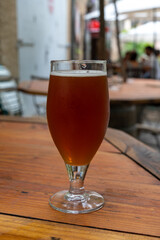 Glass of craft dark honey beer from brewery served outdoor