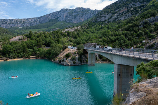 National park Grand canyon du Verdon and turquoise waters of mountains lake Sainte Croix and Verdon river, France