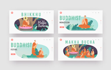 Makha Bucha Landing Page Template Set. Buddha Sit in Lotus under Bodhi Tree at Night surrounded with Buddhists Monks