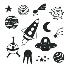 Little space - vector set. Nursery cosmos print. Black outerspace stickers.