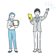 提案する2人のビジネスパーソンの全身イラスト素材