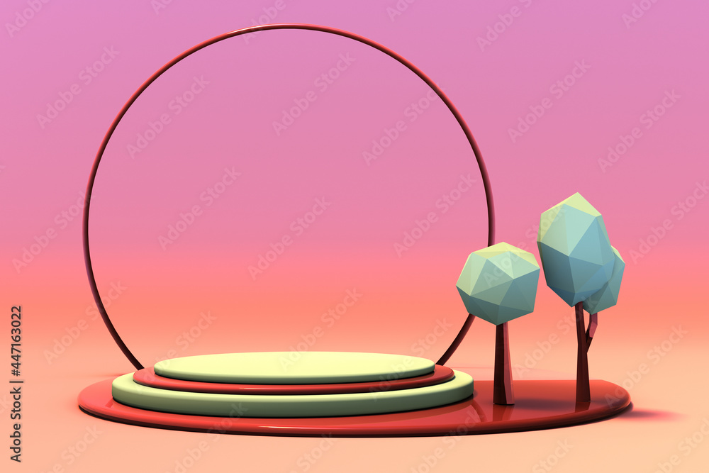 Poster 3d autumn scene with geometric composition empty podium and low poly green trees for product present