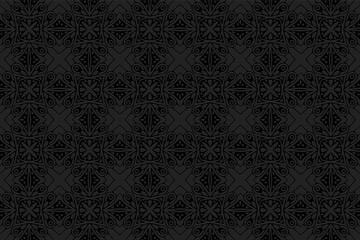 3D volumetric convex embossed geometric black background. Ethnic unique oriental, asian, indian pattern with handmade artistic elements. Doodling technique.