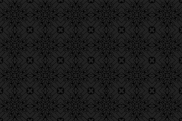 3D volumetric convex embossed geometric black background. Ethnic unique oriental, asian, indian pattern with stylish handmade elements. Doodling technique.