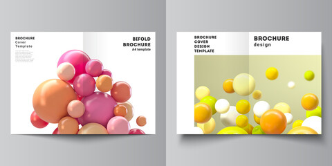 Vector layout of two A4 cover mockup templates for bifold brochure, flyer, magazine, cover design, book design. Abstract vector futuristic background with colorful 3d spheres, glossy bubbles, balls.