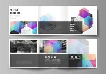Vector layout of square format covers design templates with colorful hexagons, geometric shapes, tech background for trifold brochure, flyer, magazine, cover design, book design, brochure cover.