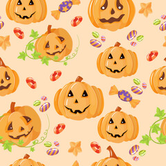 Obraz premium Beautiful seamless pattern. Sweets, pumpkins, candies. Set of Elements for the celebration of Halloween. Vector illustration isolated on white background.