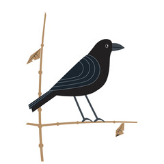 Black crow flat color vector icon. Minimalist bird cartoon sign on white background. Raven sitting on tree branch birdwatching wildlife design element illustration. Wild birds of garden, backyard