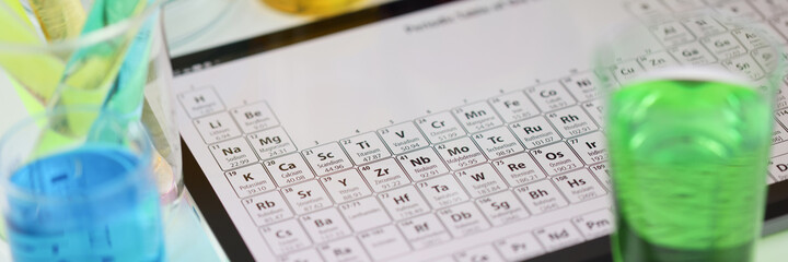 Digital tablet with periodic system of elements lying on table in laboratory closeup - obrazy, fototapety, plakaty
