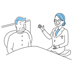 手書き線画カラーイラスト　シニアの男性ベットで寝たまま診察　女医