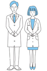 Fototapeta premium 手書き線画カラーイラスト 白衣の男女 お出迎え