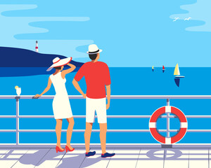 Couple enjoy ocean cruise vacation vector poster. Female, male on ship vessel deck simple pop art style illustration. Tourists relax sailing on cruise liner. Romantic seascape scenic view background - obrazy, fototapety, plakaty