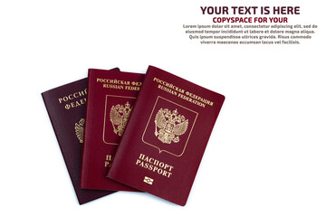 Three passports of the Russian Federation isolated on a white background. Copyscape for your text.