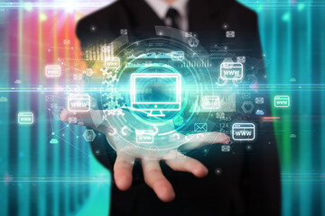 Businessman holding technology icon concept