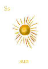 The alphabet, the letter s. Yellow sun with rays on a white isolated background