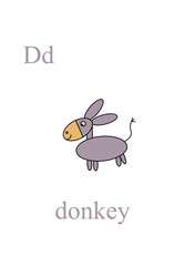 The alphabet, the letter d. A gray donkey on a white isolated background
