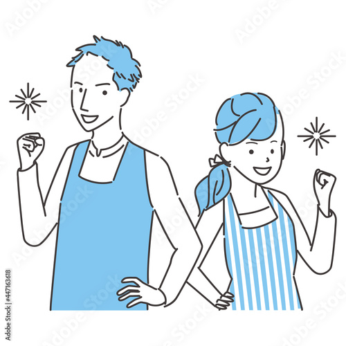 手書き線画カラーイラスト エプロンの男女ガッツポーズ Apron Poster Apr Yoshidaakiko1223 手書き線画カラーイラスト エプロンの男女ガッツポーズ Apron Poster Apr Yoshidaakiko1223