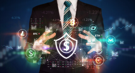 Businessman holding currency symbols concept