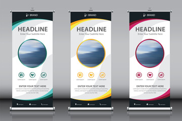 Roll up vertical standee banner design template vector with image and 3 titles. Information advertisement branding X-banner and Street Business Flag Exhibition banner. Editable color 3 in 1