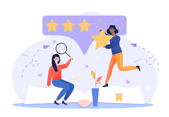 Book review. Reading feedback concept. Literature professional analysis for quality rating assessment and appraisal. Choice report scene with opinion publication. Flat cartoon vector illustrations