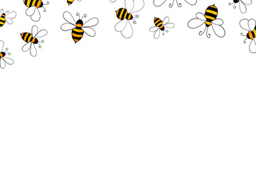 Cartoon cute bee mascot. Merry bee with an empty table. Small wasp. Vector character. Insect icon. Holiday template design for invitation, cards, wallpaper, school, kindergarten. Copy space