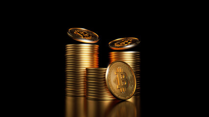 Bitcoin golden coin with gold. Digital currency. Cryptocurrency concept. Money and finance symbol. Crypto illustration. 3D rendering.