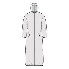 Hooded padded shell coat jacket puffer technical fashion illustration with long sleeves, maxi length, zip-up closure, boxy fit. Flat template front, grey color style. Women, men, unisex top CAD mockup
