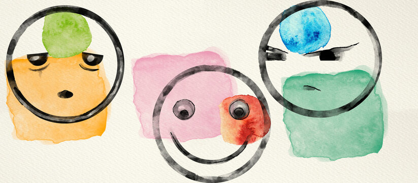 Feeling expression emoticons. Watercolor design elements