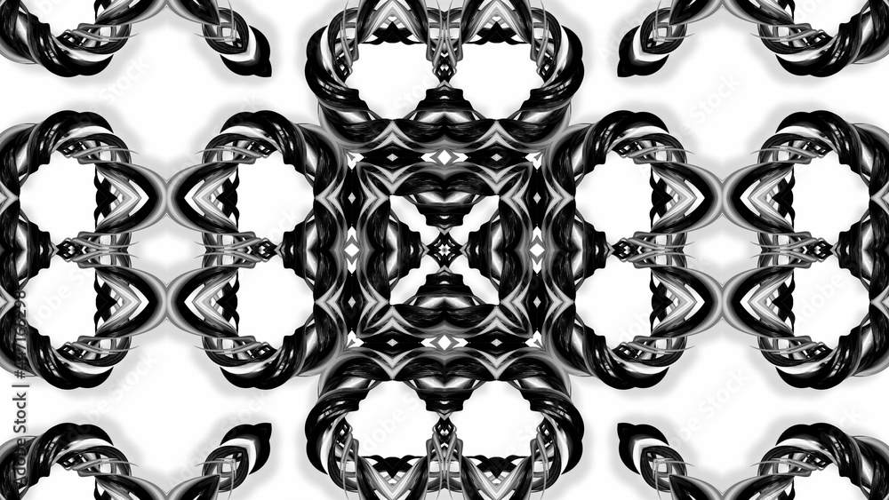 Poster 3d render. black and white stripes are twisted forming complex symmetrical structures like ornament 