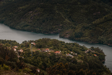 Mountain landscape with river passing through a valley, Vieira do Minho, North of Portugal.
