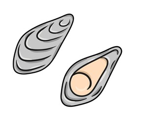 Illustration of fresh oysters. Raw clam in the shell. The concept of seafood. An element of the graphic design of a restaurant menu, an advertising poster or a flyer. A colored flat icon. Oyster Day