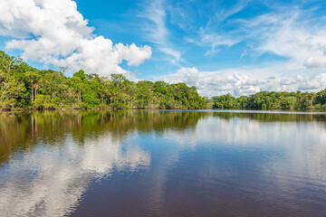Naklejka na ściany i meble Amazon river rainforest cloud reflection, Yasuni national park, Ecuador.