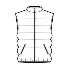 Down vest puffer waistcoat technical fashion illustration with stand collar, zip-up closure, pockets, oversized, classic quilting. Flat template front, white color. Women, men, unisex top CAD mockup